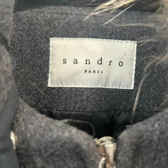 Sandro Paris Gray Wool Fur-Trimmed Hooded Winter Coat — French Luxury - Picture 10 of 10